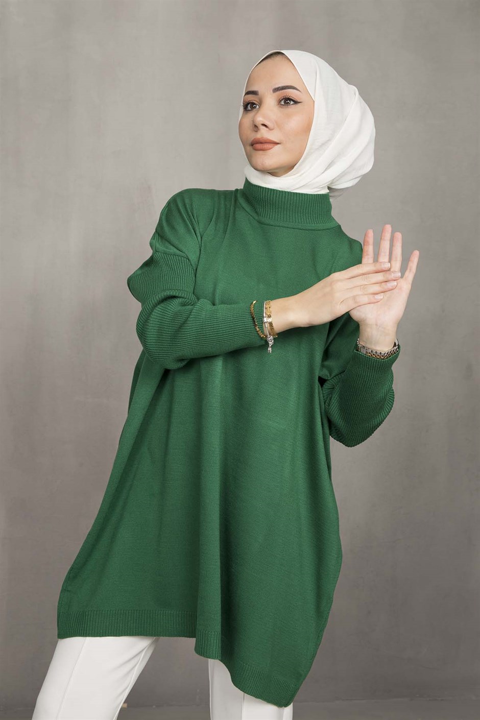 Yarım Boğazlı Triko Tunik Zümrüt Yeşili - Moda Ala