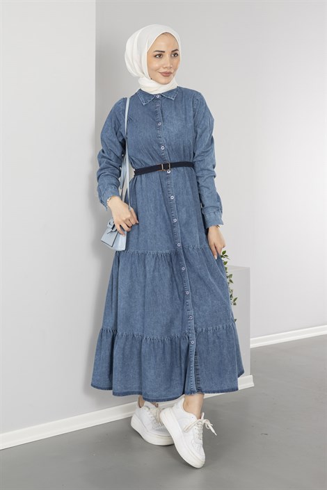 Kemerli Denim Elbise Kot Moda Ala