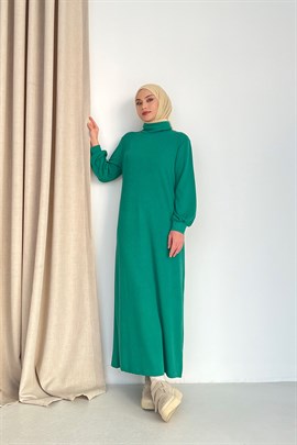 Boğazlı Fitilli Triko Elbise Yeşil