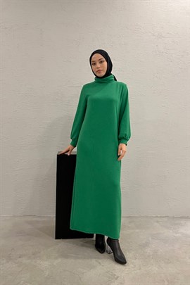 Boğazlı Fitilli Triko Elbise Zümrüt Yeşili