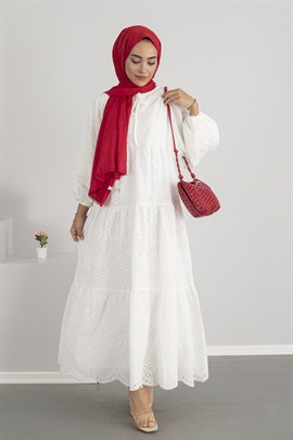 Dantelli Brode Elbise Beyaz - Moda Ala