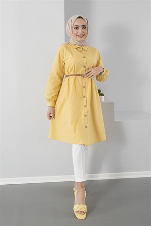 Kermeli Kolu Şeritli Tunik