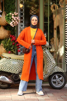 Kolları Katlı Örme Triko Hırka Turuncu