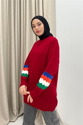 Kolları Renkli Triko Kazak Kırmızı