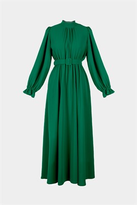 Manşet Detaylı Kemerli Elbise Zümrüt Yeşili