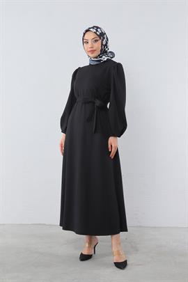 Manşeti Pileli Krep Elbise Siyah
