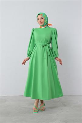 Manşeti Pileli Krep Elbise Yeşil