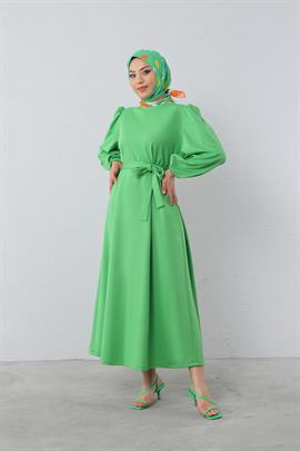 Manşeti Pileli Krep Elbise Yeşil