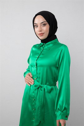 Metal Düğmeli Saten Tunik Yeşil