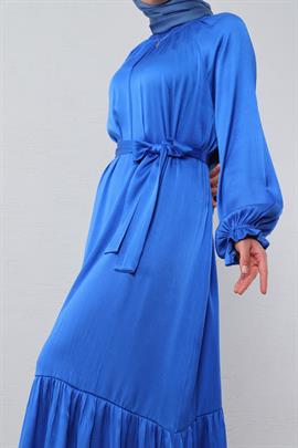 Parlak Kumaş Bürümcük Elbise Mavi