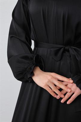 Parlak Kumaş Bürümcük Elbise Siyah