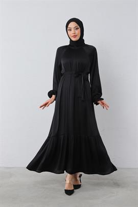 Parlak Kumaş Bürümcük Elbise Siyah