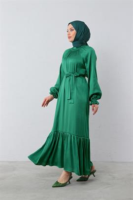 Parlak Kumaş Bürümcük Elbise Yeşil