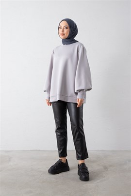 Pile Detaylı Scuba Sweatshirt Gri