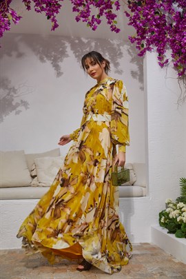 Şifon Çiçekli Elbise Sarı - Moda Ala