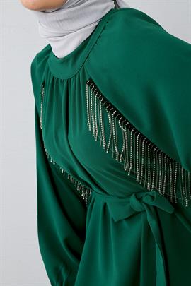 Taş Püsküllü Krep Elbise Yeşil