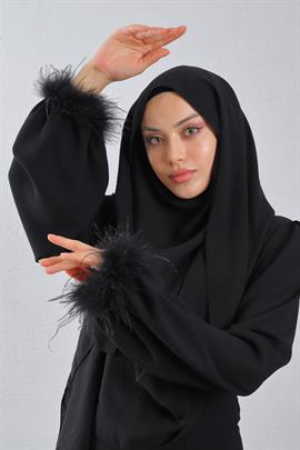 Tüy Detaylı Krep Elbise Siyah
