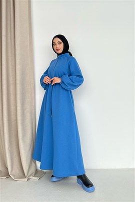 Üç İplik Fermuarlı Elbise Mavi