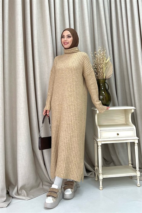 Yan Y rtmacl Bo azl Elbise Bej Moda Ala