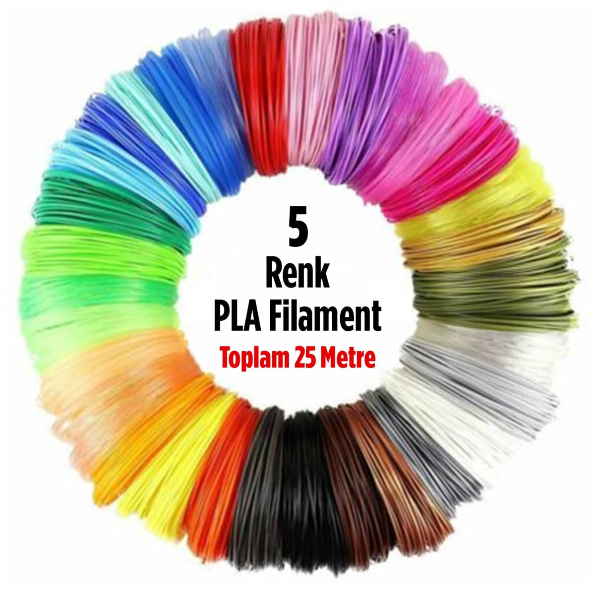 3D Kalem PLA Filament - 3D Baskı Kalemi Filament Yedekleri 1.75 mm 5 Renk 5 Metre Toplam da 25 Metre