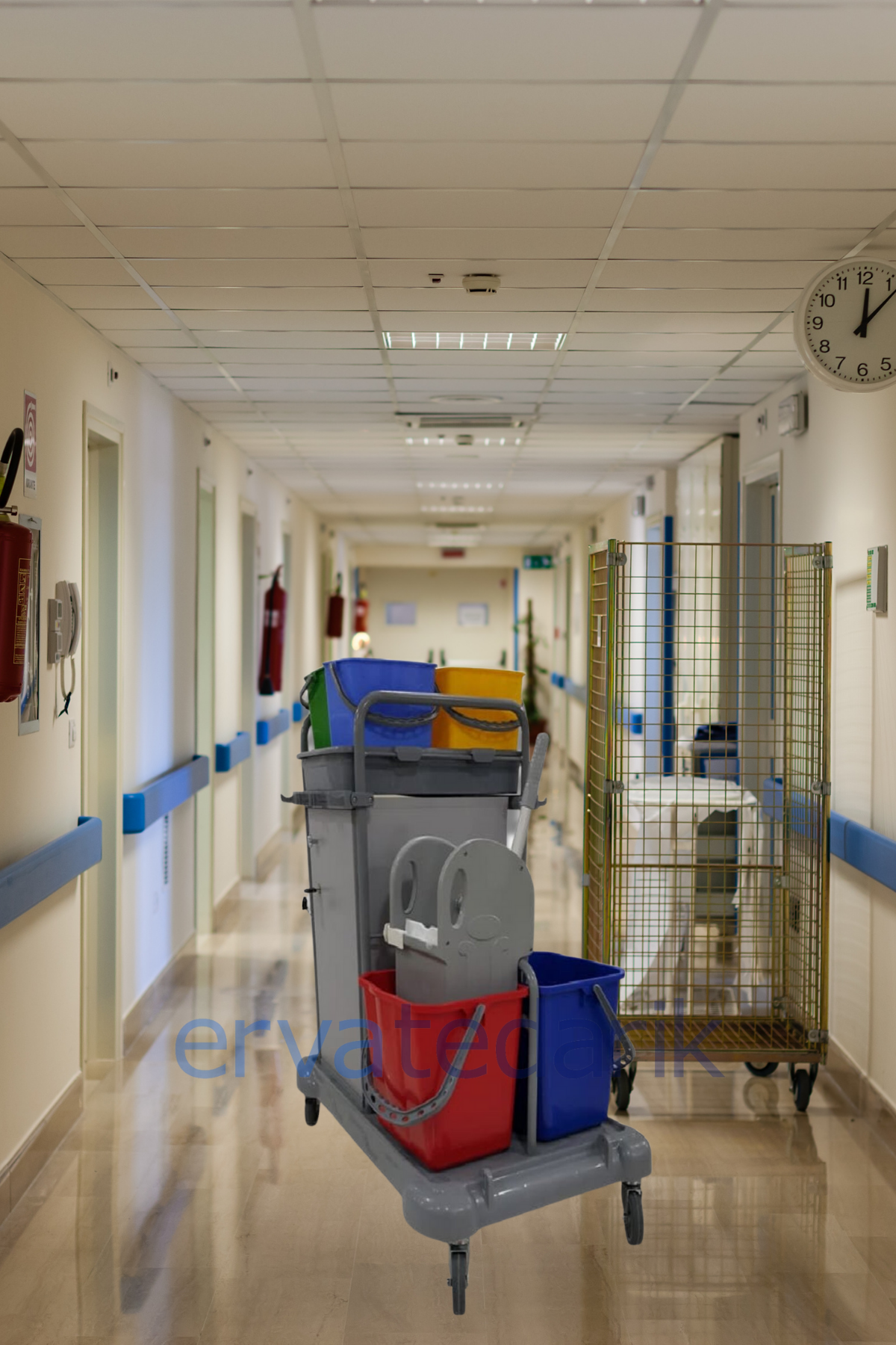 Kat Hizmetleri Arabası Pres Kovalı Dolaplı Plastik Dört Renk Temizlik Kovalı