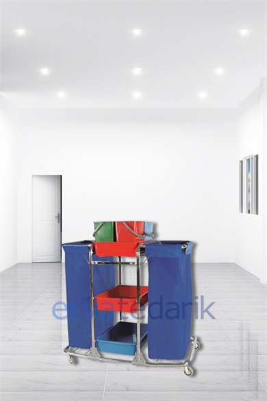 Kat Hizmet Arabası Çift Brandalı Krom Gövdeli Sarı Kırmızı Mavi Yeşil Dört Renk Temizlik Kovalı