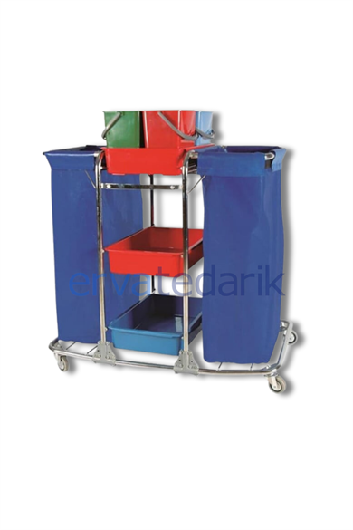 Kat Hizmet Arabası Çift Brandalı Krom Gövdeli Sarı Kırmızı Mavi Yeşil Dört Renk Temizlik Kovalı