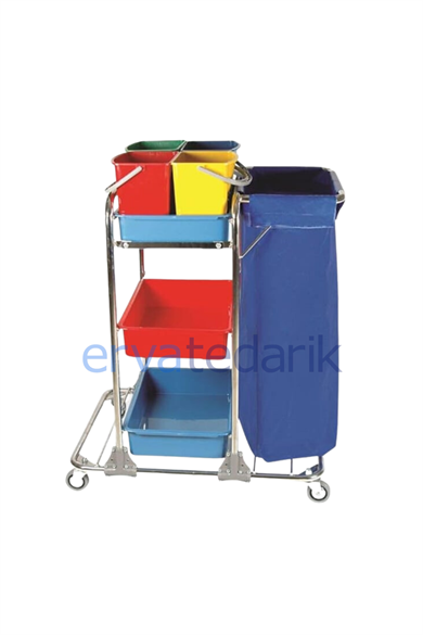 Kat Hizmet Arabası Krom Gövdeli Tek Brandalı Sarı Mavi Yeşil Kırmızı Dört Renk Temizlik Kovalı