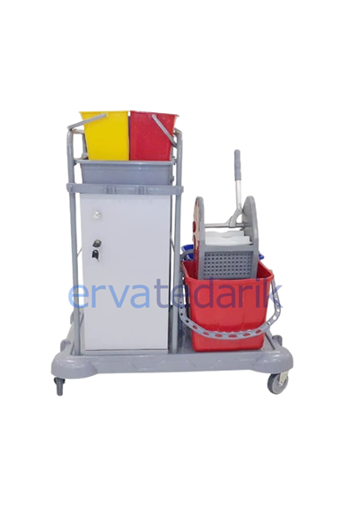 Kat Hizmetleri Arabası Pres Kovalı Dolaplı Plastik Dört Renk Temizlik Kovalı