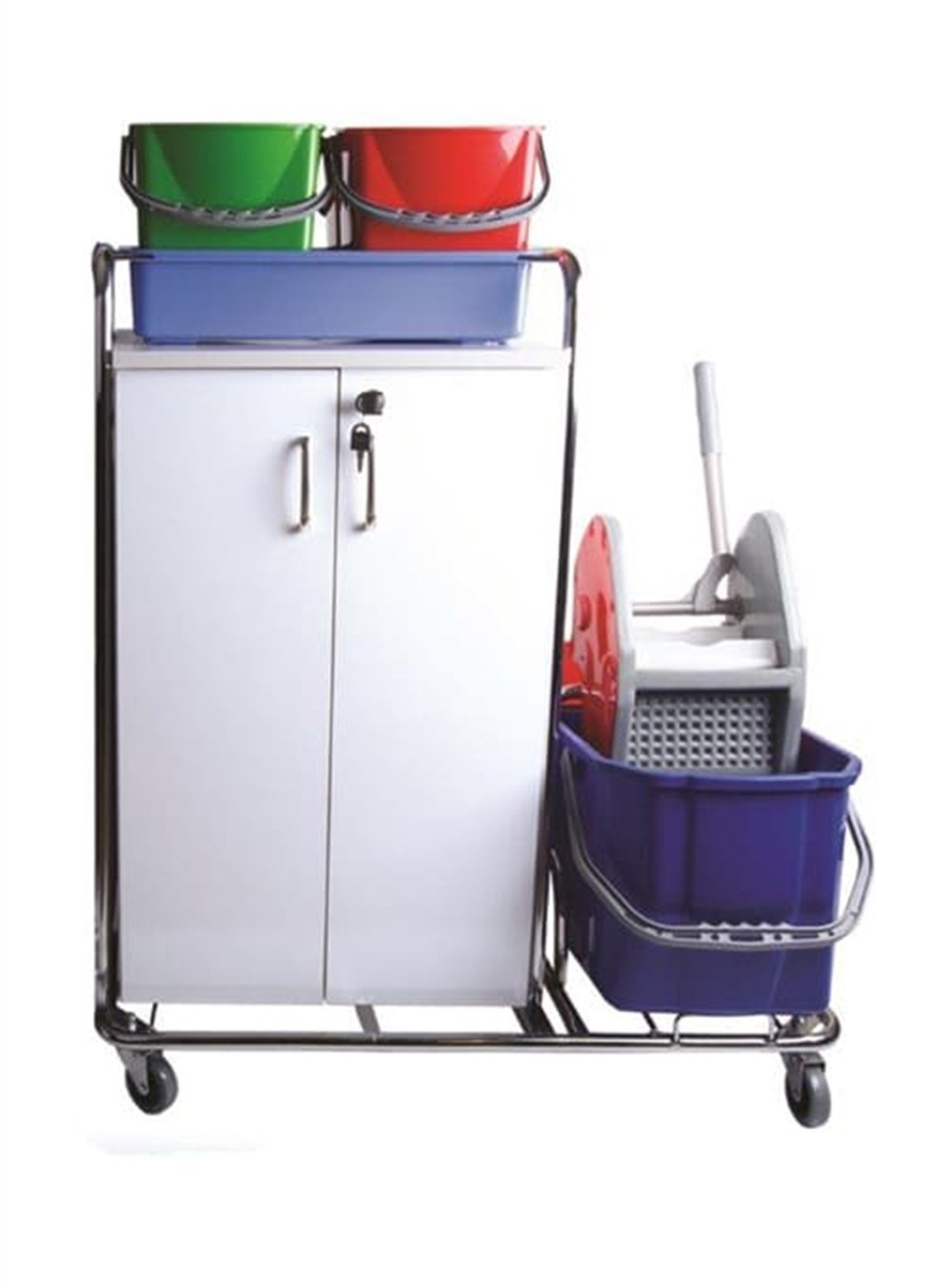 Temizlik ArabasıPres Kovalı Dolaplı Krom Kat Hizmetleri Arabası