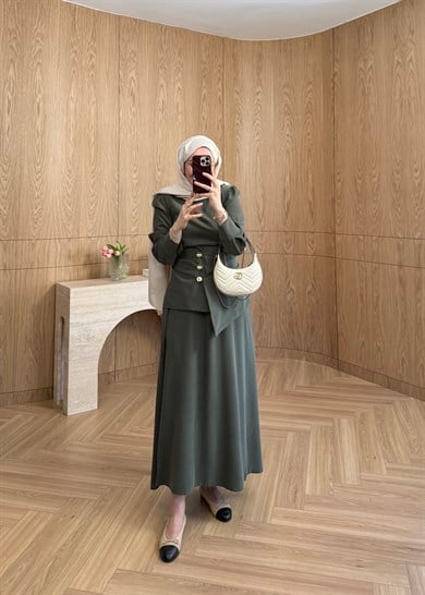  Kemerli Taşlanmış Modal Elbise Haki