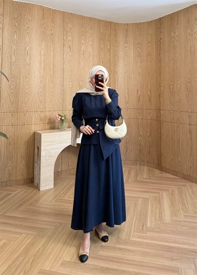  Kemerli Taşlanmış Modal Elbise Lacivert