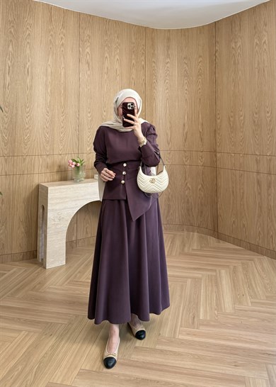  Kemerli Taşlanmış Modal Elbise Mürdüm 