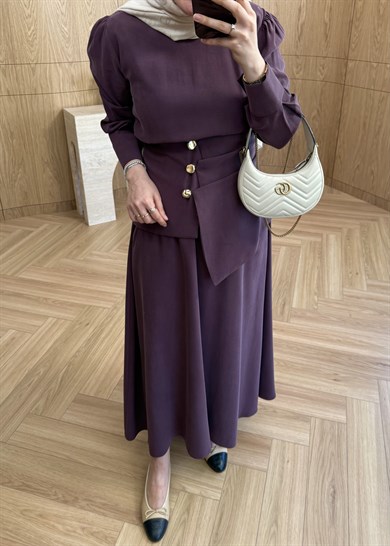 Kemerli Taşlanmış Modal Elbise Mürdüm 