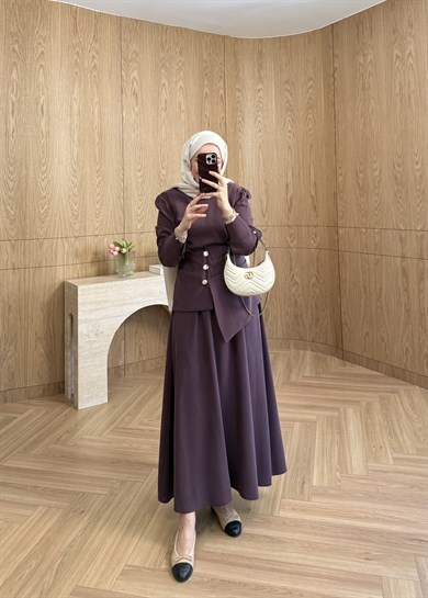  Kemerli Taşlanmış Modal Elbise Mürdüm 
