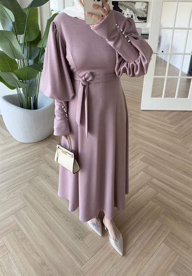  Kolu İnci Detaylı Elbise Pudra