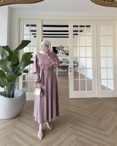  Kolu İnci Detaylı Elbise Pudra