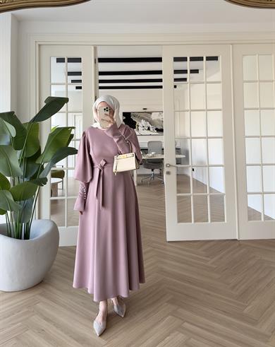  Kolu İnci Detaylı Elbise Pudra