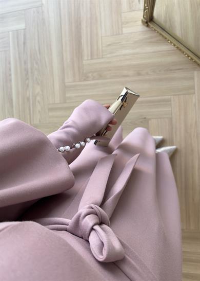  Kolu İnci Detaylı Elbise Pudra