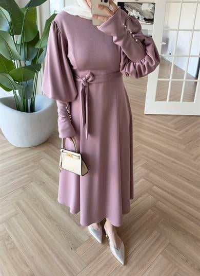  Kolu İnci Detaylı Elbise Pudra