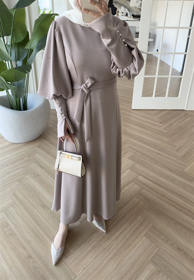  Kolu İnci Detaylı Elbise Vizon