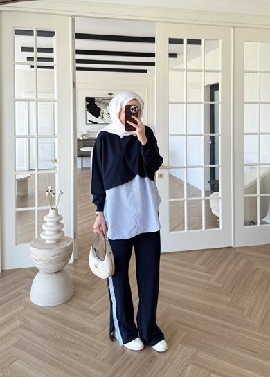  Pelerinli Çizgili Gömlek Takım Lacivert