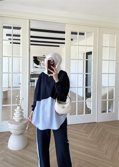  Pelerinli Çizgili Gömlek Takım Lacivert