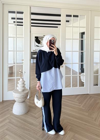  Pelerinli Çizgili Gömlek Takım Lacivert