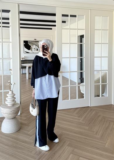  Pelerinli Çizgili Gömlek Takım Lacivert