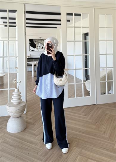  Pelerinli Çizgili Gömlek Takım Lacivert