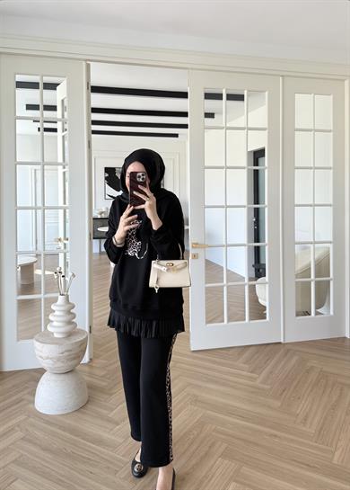 3 İplik Leoparlı Şardonsuz Takım Siyah