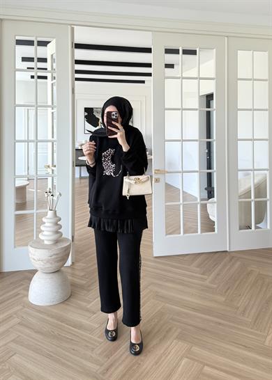 3 İplik Leoparlı Şardonsuz Takım Siyah