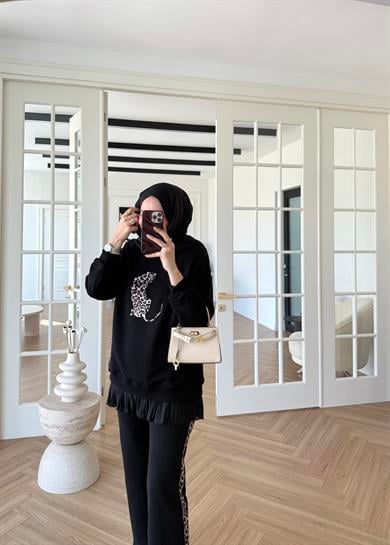 3 İplik Leoparlı Şardonsuz Takım Siyah