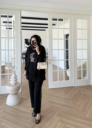 3 İplik Leoparlı Şardonsuz Takım Siyah